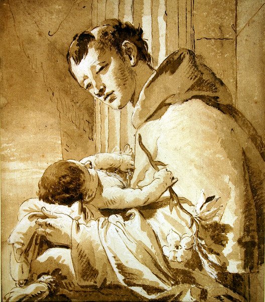 St. Anthony Holding the Christ Child (kynä, ruskea muste & pesu) tekijältä Giovanni Battista Tiepolo