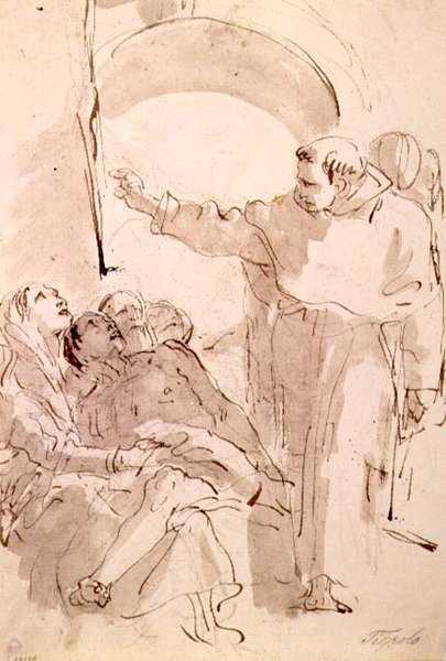 Pyhän Antoniuksen Padovalaisen ihme, n. 1760 (kynä ja muste, pese mustalla liidulla) tekijältä Giovanni Battista Tiepolo