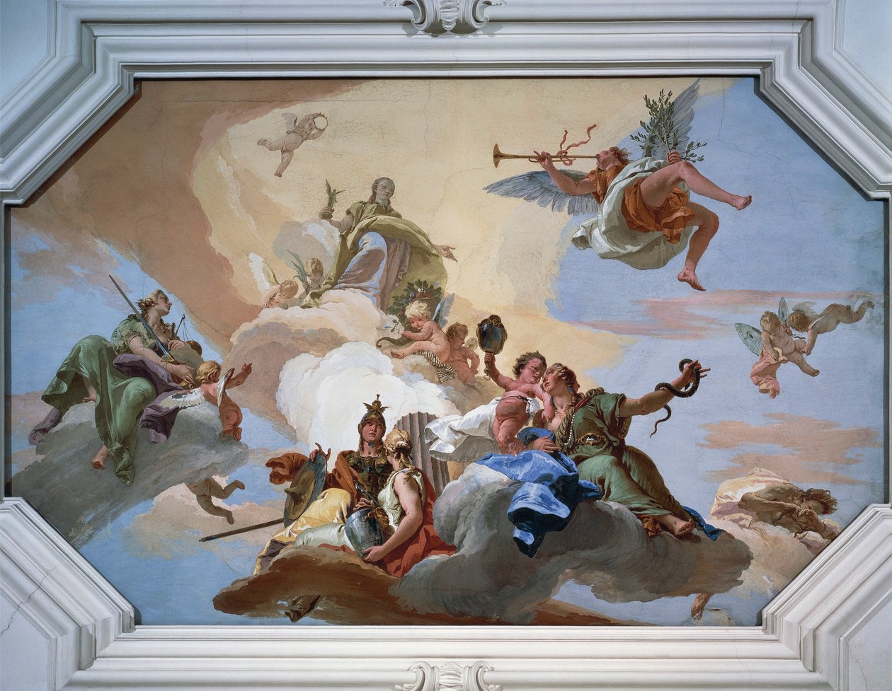 Triumph of Glory julkisti Famen, joka seisoo kardinaalihyveiden joukossa tekijältä Giovanni Battista Tiepolo