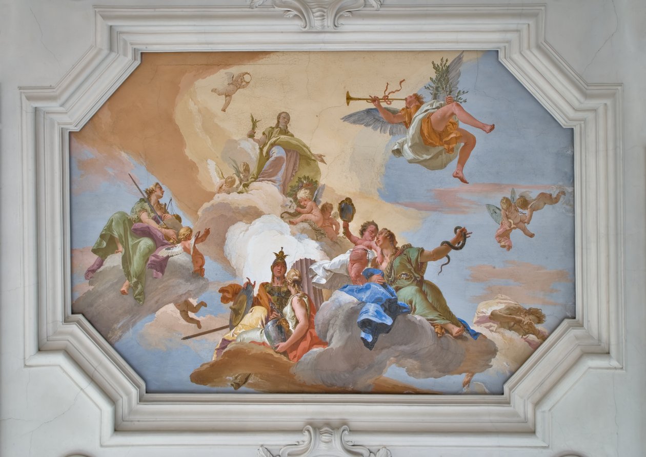 Triumph of Glory julkisti Famen, joka seisoo kardinaalihyveiden joukossa tekijältä Giovanni Battista Tiepolo