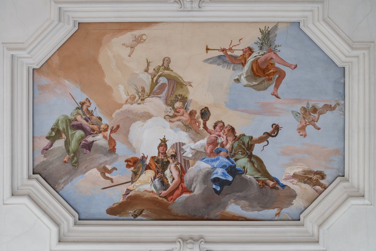 Triumph of Glory julkisti Famen, joka seisoo kardinaalihyveiden joukossa tekijältä Giovanni Battista Tiepolo