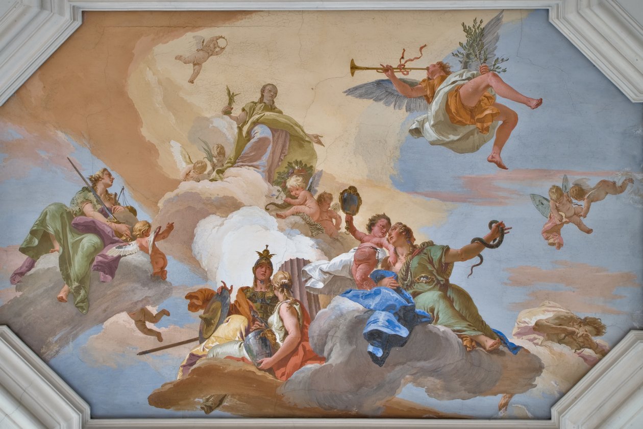 Triumph of Glory julkisti Famen, joka seisoo kardinaalihyveiden joukossa tekijältä Giovanni Battista Tiepolo