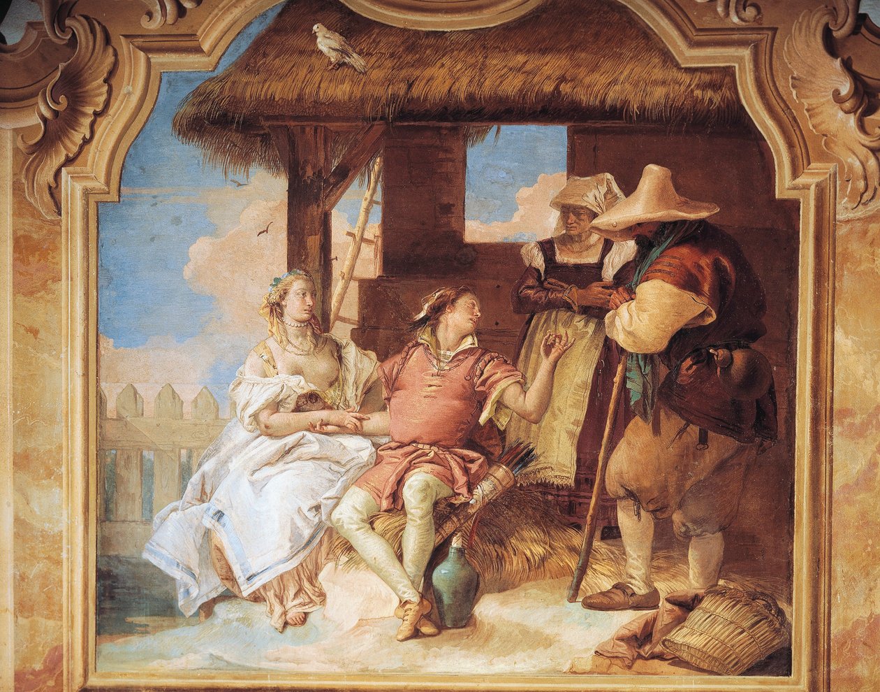 Angelica ja Medoro lomailemassa talonpoikaista Giambattista Tiepolon Nani Room of the Frenzy of Orlandosta Villa Valmaranassa, fresko tekijältä Giovanni Battista Tiepolo