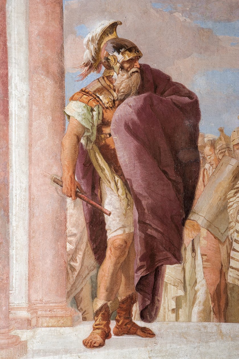 Yksityiskohta Agamemnonista, teoksesta Minerva, joka hillitsee Akhilleusta tappamasta Agamemnonin, Iliadin huoneesta Palazzinassa tekijältä Giovanni Battista Tiepolo