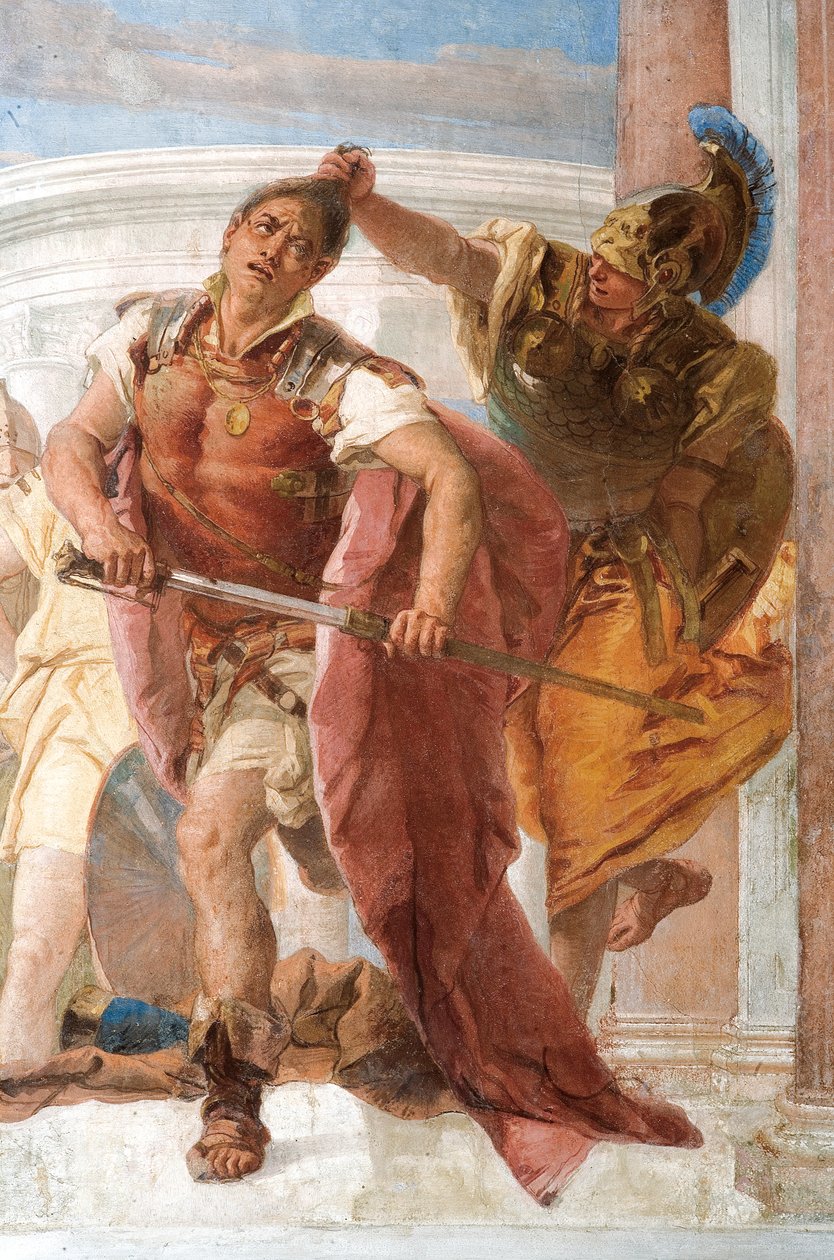 Yksityiskohta Minervasta, joka pidättelee Akhilleusta tappamasta Agamemnonin Iliadin huoneesta Palazzinassa tekijältä Giovanni Battista Tiepolo