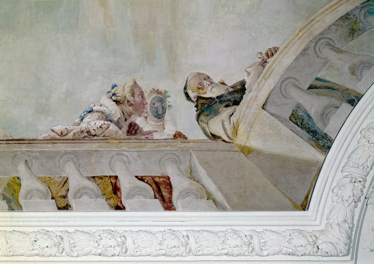 Fame ilmoittaa huvilan asukkaille Henrik III:n saapumisesta, yksityiskohta, n. 1750 (kankaalle kiinnitetty fresko) tekijältä Giovanni Battista Tiepolo