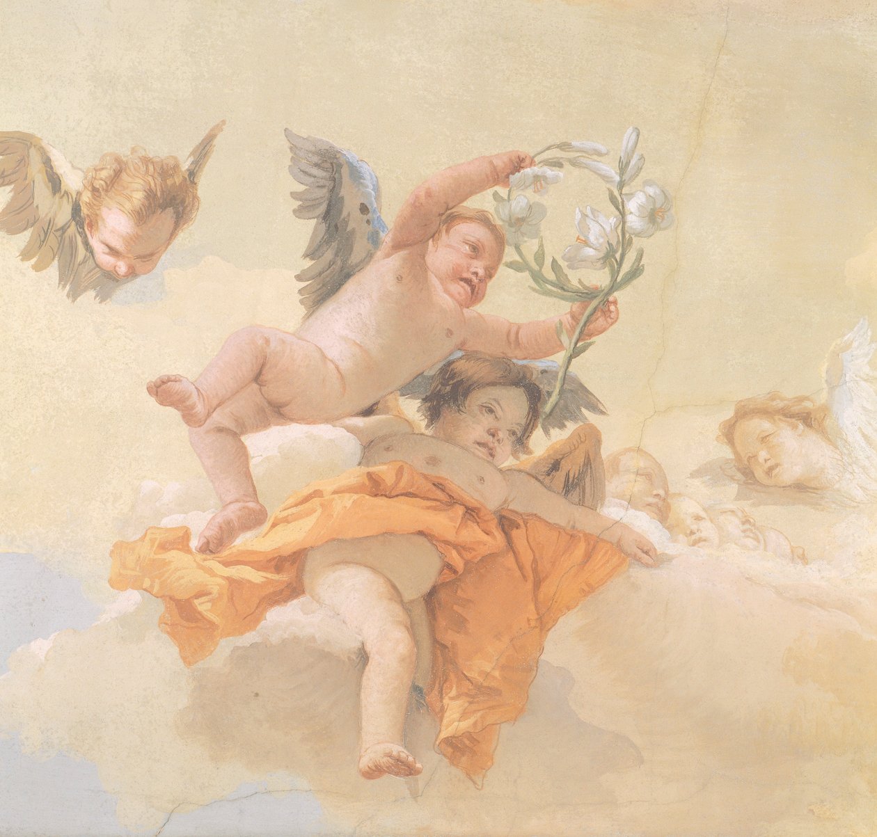 Glory of Angels, kirjoittanut Giovanni Battista Tiepolo (1696-1770), fresko, yksityiskohta, Puhtauden oratorio, Udine tekijältä Giovanni Battista Tiepolo
