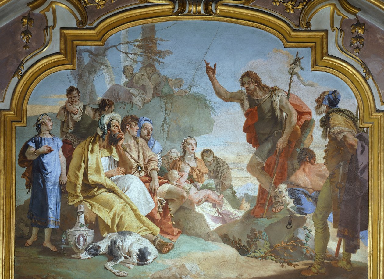 Italia, Bergamo, Colleonin kappeli, Johannes Kastaja saarnaamassa väkijoukolle tekijältä Giovanni Battista Tiepolo