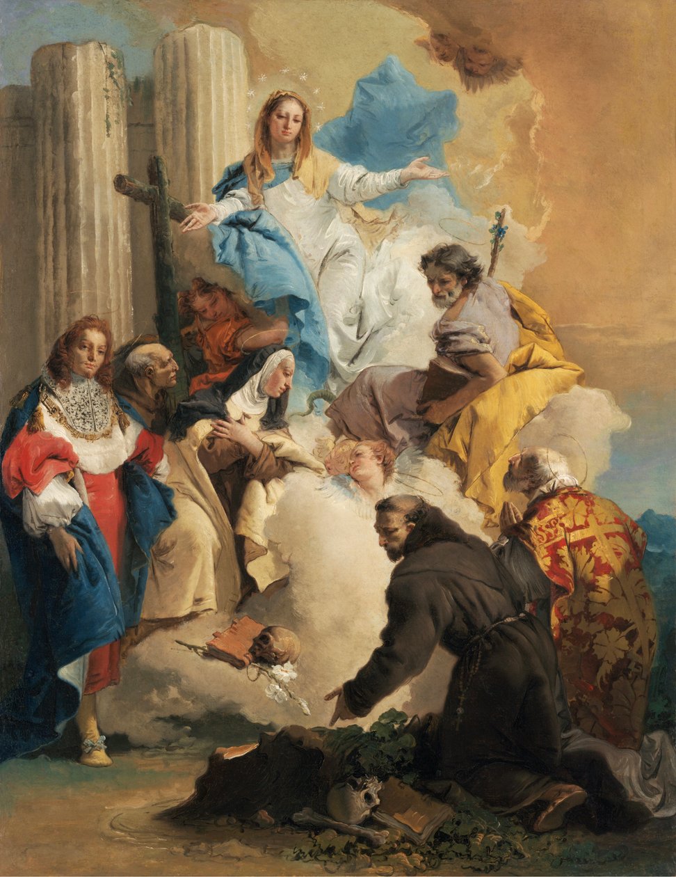 Neitsyt kuuden pyhän kanssa - Neitsyt kuuden pyhän kanssa, kirjoittanut Tiepolo, Giambattista (1696-1770). Öljy kankaalle, c. 1750. Koko: 72,8x56 cm. Szepmuveszeti-museo, Budapest tekijältä Giovanni Battista Tiepolo