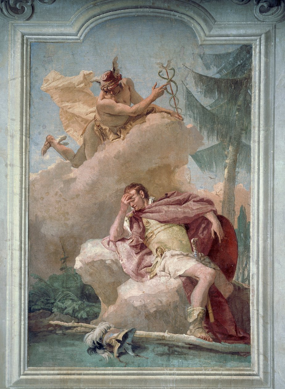 Merkurius ilmestyy Aeneaalle unessa käskeäkseen hänet menemään Karthagoon, kirjoittanut Giambattista Tiepolo (1696-1770), Aeneidin huone, Villa Valmarana 
