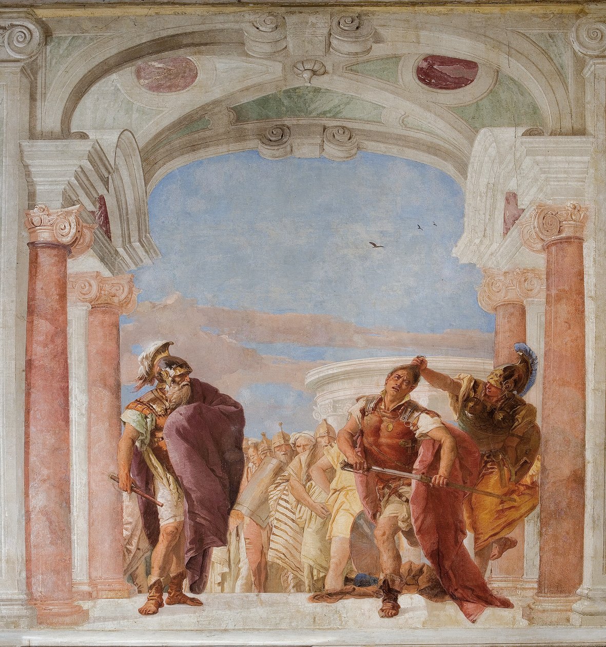 Minerva hillitsee Akhilleusta tappamasta Agamemnonin Iliaksen huoneesta Palazzinassa tekijältä Giovanni Battista Tiepolo