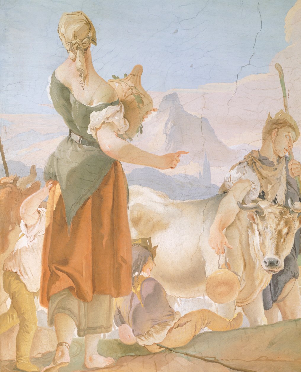Rachel piilottelee epäjumalia, Giambattista Tiepolo (1696-1770), fresko, yksityiskohta, Arkkipiispan palatsi Udinen tekijältä Giovanni Battista Tiepolo
