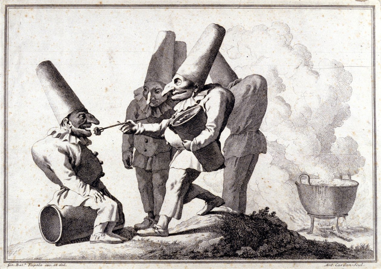 Pulcinella-ryhmä (italialainen Polichinelle). Giovanni Battista (Giambattista) Tiepolon (1696-1770) piirustus kynällä ja pesu lyijykynällä. tekijältä Giovanni Battista Tiepolo