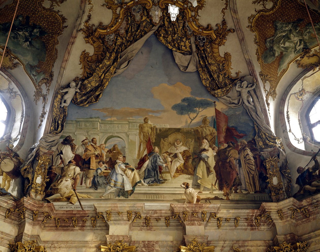 Hohenstaufenin Frederic I:n (1122-1190) Eveque Aroldon insituutio ja Frederic Barberousse, Saksan kuningas, ja Giovanni Battista (Giambattista) Tiepolon (1696-1770) germaaninen keisari Fresco. 1700-luvun Wurzburgin palatsi (Würzburg) Saksa tekijältä Giovanni Battista Tiepolo