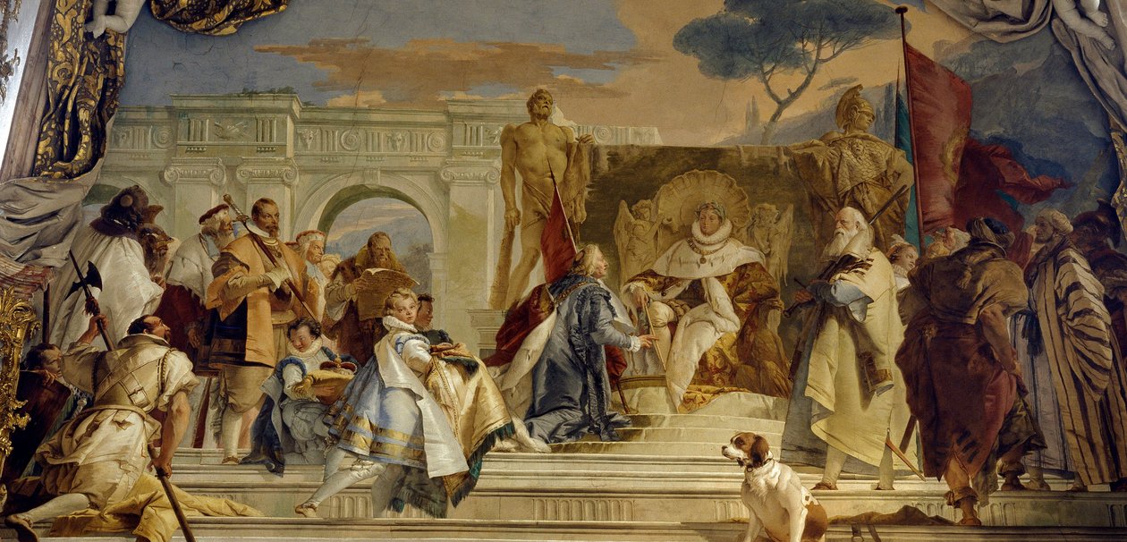 Hohenstaufenin Frederic I:n (1122-1190) Eveque Aroldon insituutio ja Frederic Barberousse, Saksan kuningas, ja Giovanni Battista (Giambattista) Tiepolon (1696-1770) germaaninen keisari Fresco. 1700-luvun Wurzburgin palatsi (Würzburg) Saksa tekijältä Giovanni Battista Tiepolo