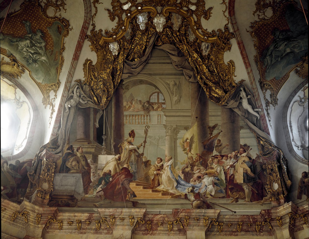 Beatrice Burgundy ja Frederic I Hohenstaufen (1122-1190), jotka tunnettiin Frederic Barberousse, Saksan kuningas ja germaanien keisari vuonna 1156, häät Giovanni Battista (Giambattista) Tiepolon (1696-1770) fresko. 1752 Würzburgin palatsi (Würzburg) Ge tekijältä Giovanni Battista Tiepolo