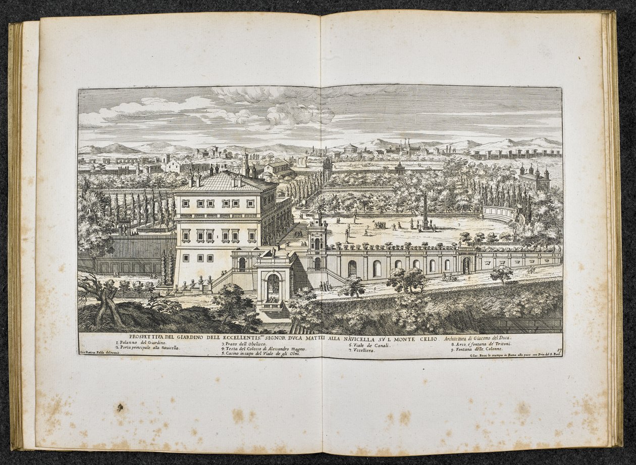 "Perspektiivi Giardino dell Excellentis Signor Duca Mattei alla Navicellasta Monte Celiossa, Roomassa" tekijältä Giovanni Battista (after) Falda