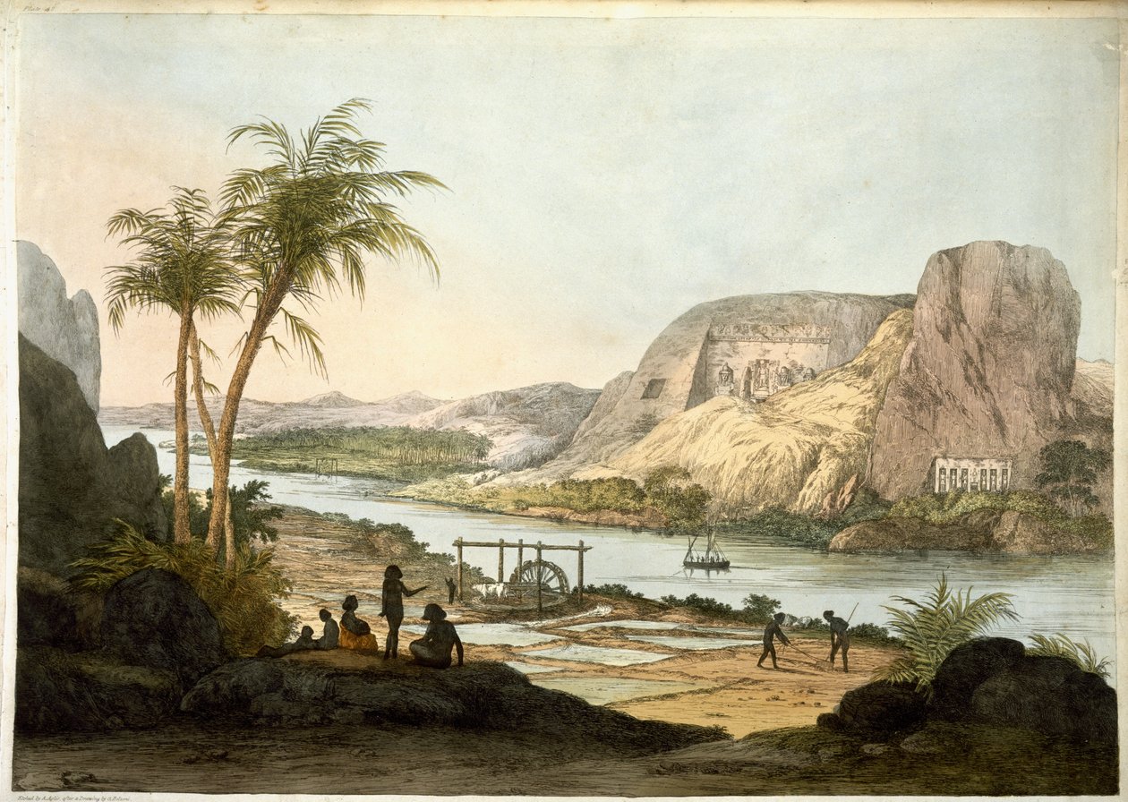 Abu Simbulin kahden temppelin ulkonäkymä, vuodelta 1822 peräisin olevasta teoksesta Plates illustrative of the Researches in Egypt and Nubia, julkaistu 1822. tekijältä Giovanni Battista Belzoni