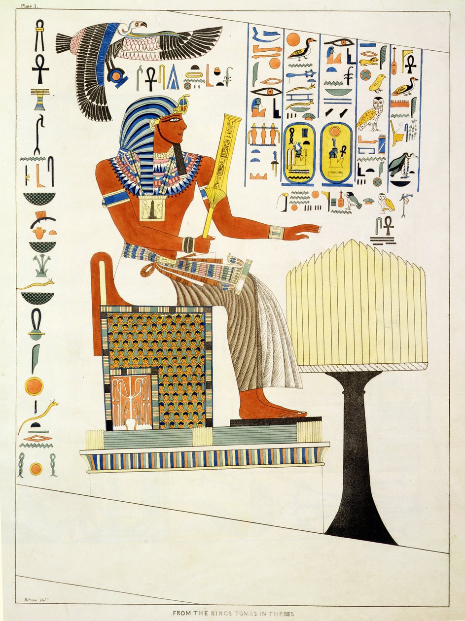 G. Belzonin löytämä seinämaalaus Thebesin kuninkaiden haudoista, levy 1 julkaisusta "Plates Illustrative of the Researches in Egypt and Nubia", kaiverrettu Charles Hullmandel (1789-1850) 1820-22 (litt. tekijältä Giovanni Battista Belzoni
