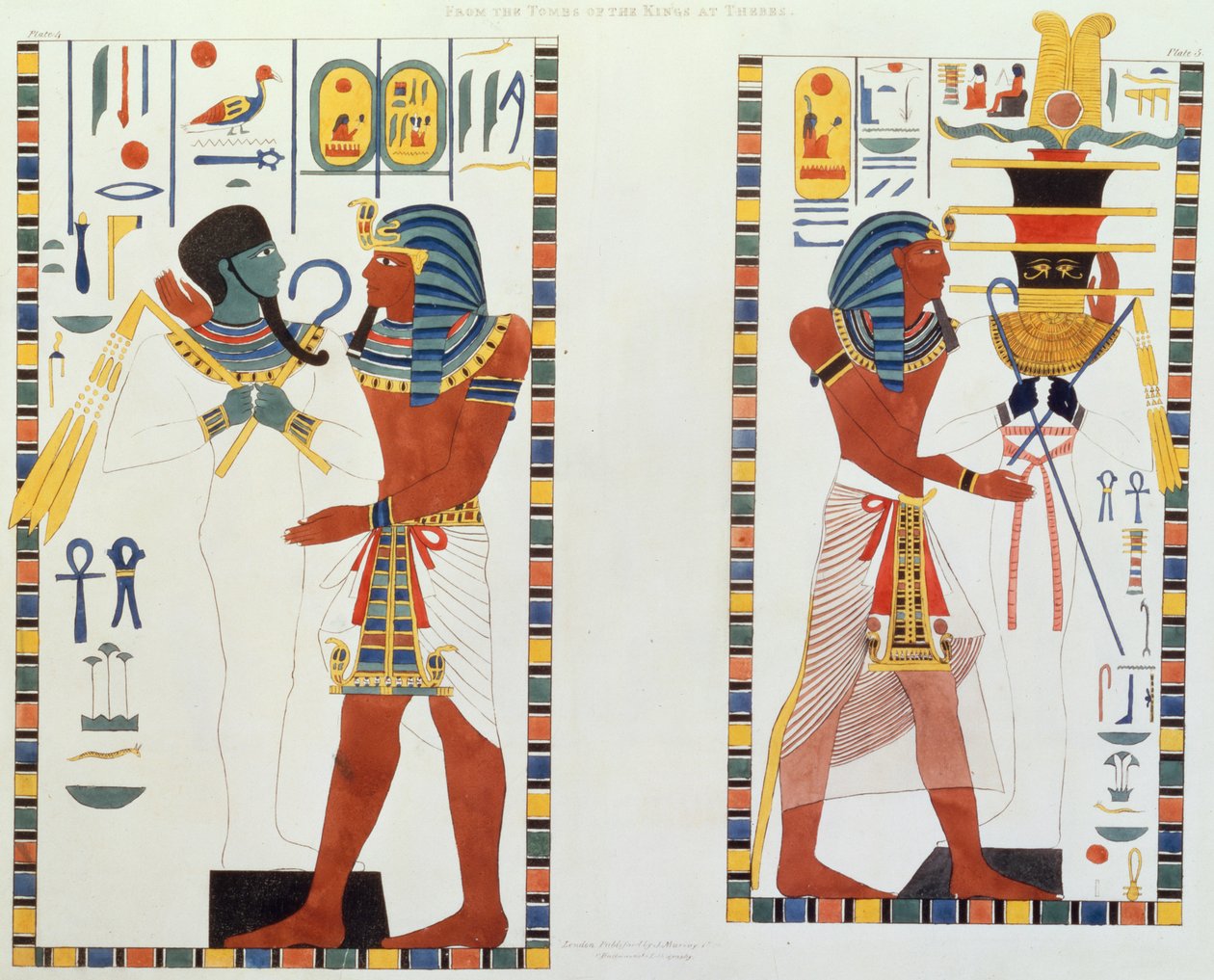 Kaksi seinämaalausta Theban kuninkaiden haudoista, G. Belzonin löytämä, levy 5 julkaisusta "Plates Illustrative of the Researches in Egypt and Nubia", kaiverrettu Charles Hullmandel (1789-1850) 1820-22 tekijältä Giovanni Battista Belzoni