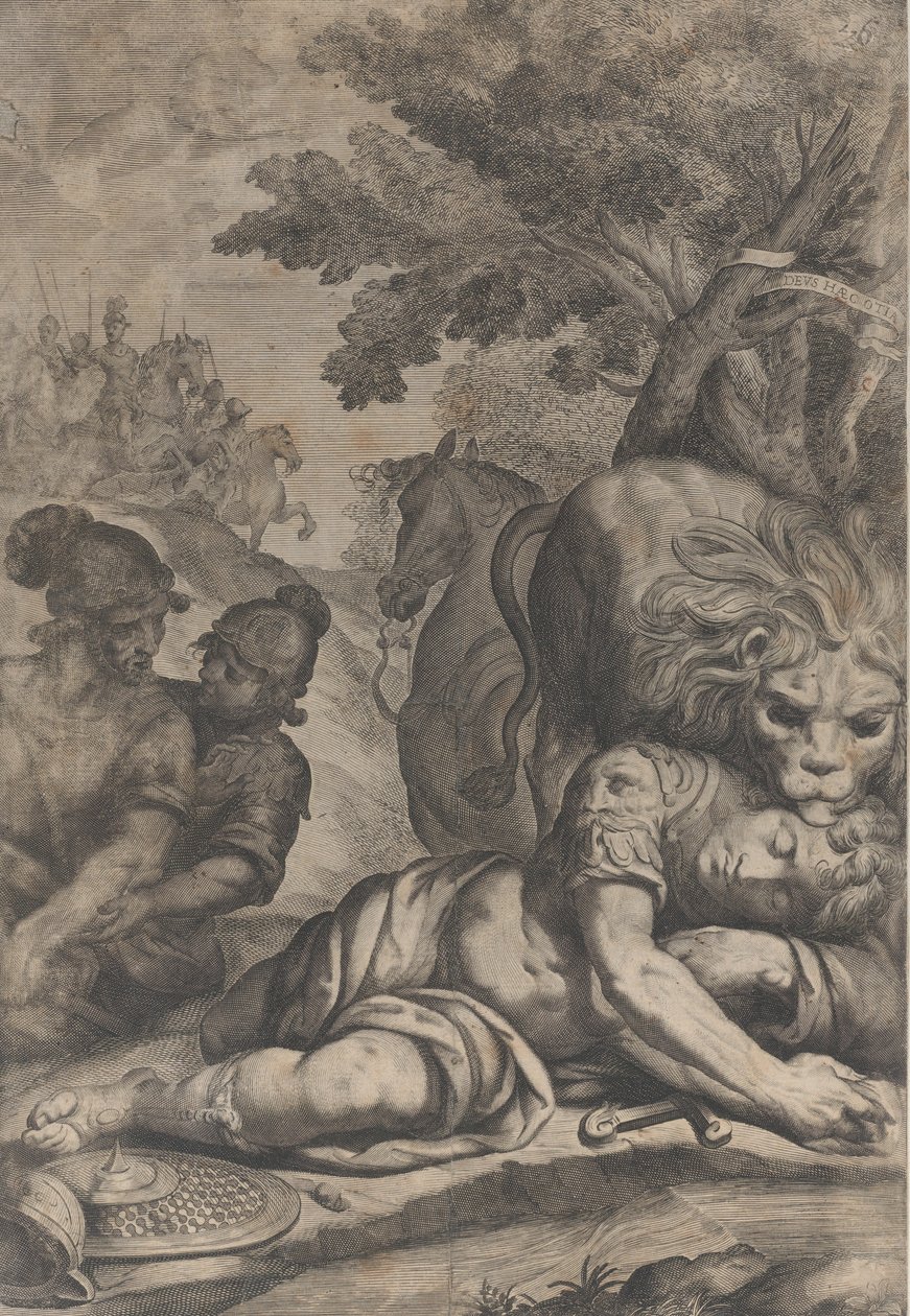 Leijona kaatuneen ratsumiehen huipulla oikealla ja kaksi muuta sotilasta vasemmalla, 1640-70. tekijältä Giovanni Battista Bonacina