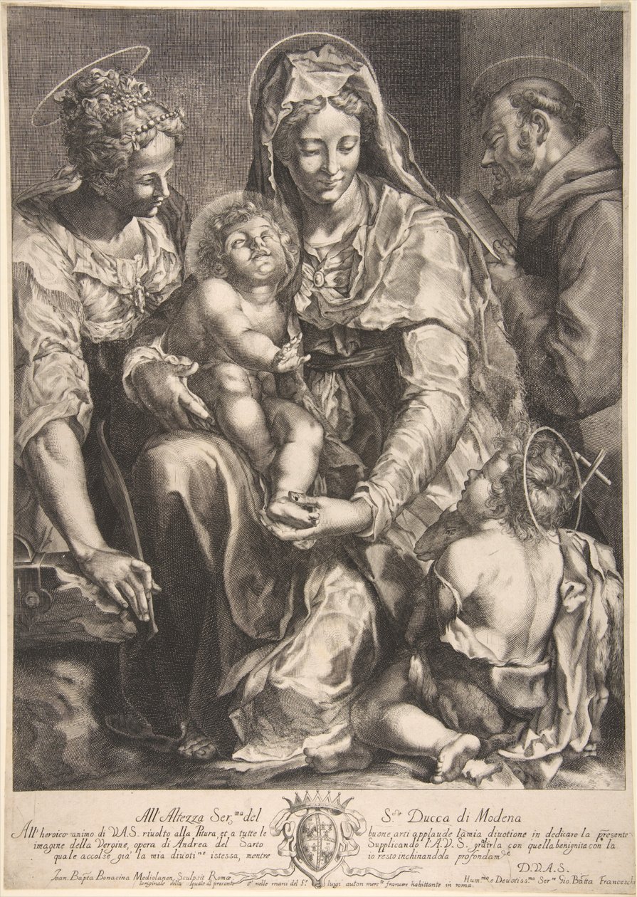 Neitsyt ja lapsi Pyhän Katariinan, Franciscus Assisilaisen ja Johannes Kastajan kanssa, 1600-luvun puoliväli. tekijältä Giovanni Battista Bonacina
