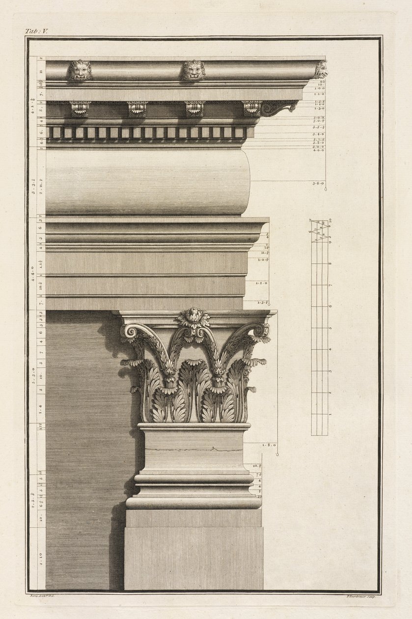 Pilasterin pohja, pääkaupunki ja antablature, 1753 tekijältä Giovanni Battista Borra