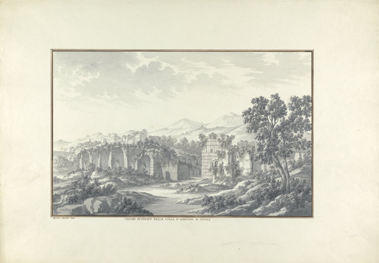 Näkymä raunioituneille kylpylöille Hadriansin huvilassa Tivolissa, n. 1750 tekijältä Giovanni Battista Borra