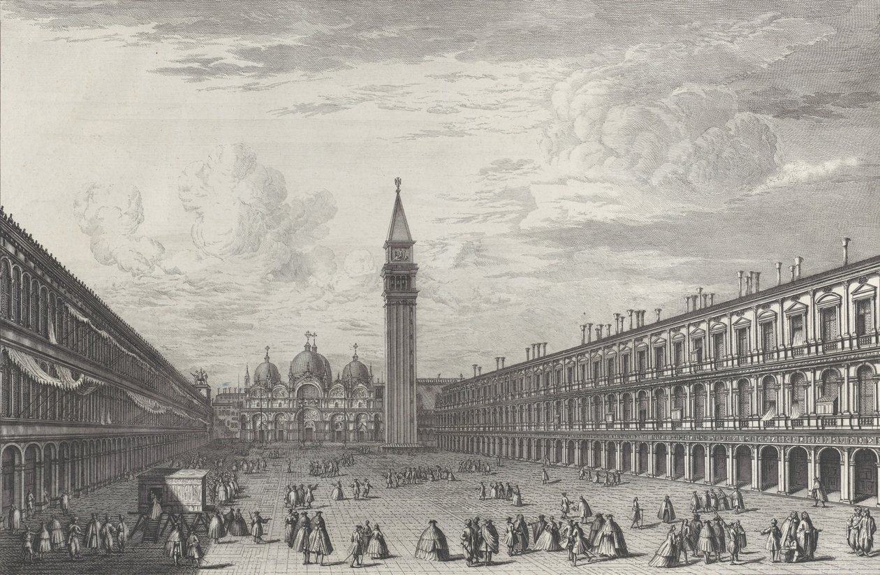 Piazza San Marco katselee kohti basilikaa ja Campanilea, 1763, 1763. tekijältä Giovanni Battista Brostoloni