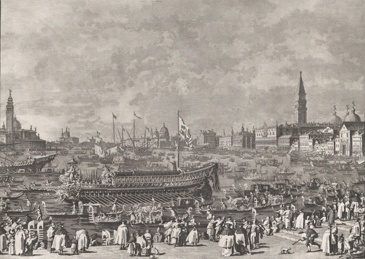 Levy 5: Doge Bucintorossa lähdössä Porto di Lidoon helatorstaina, f..., n. 1766. tekijältä Giovanni Battista Brostoloni