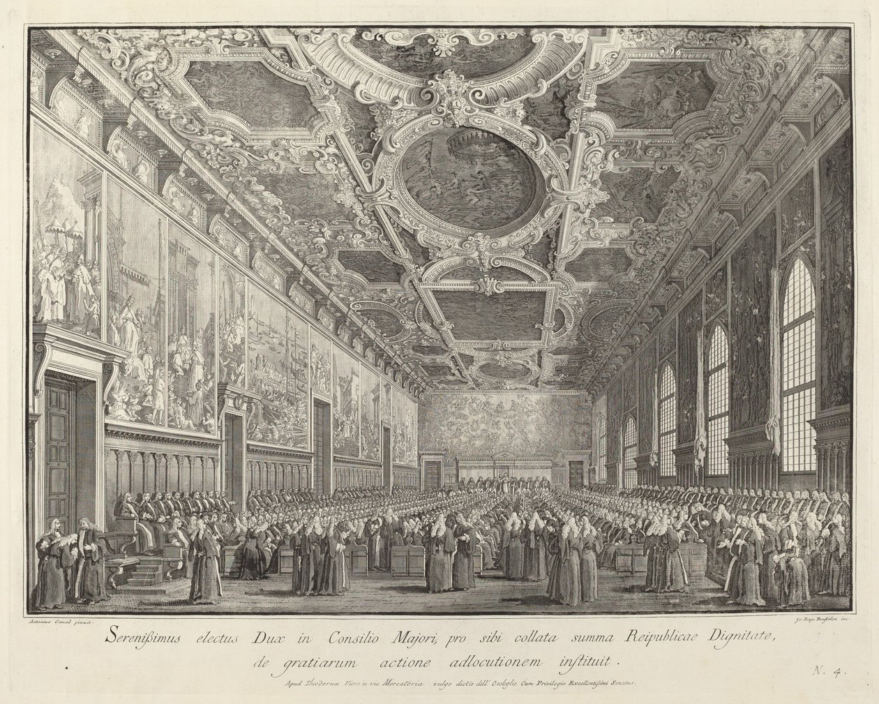Doge palauttaa kiitosta Sala del Consiglio Maggiorissa, 17631766. tekijältä Giovanni Battista Brostoloni