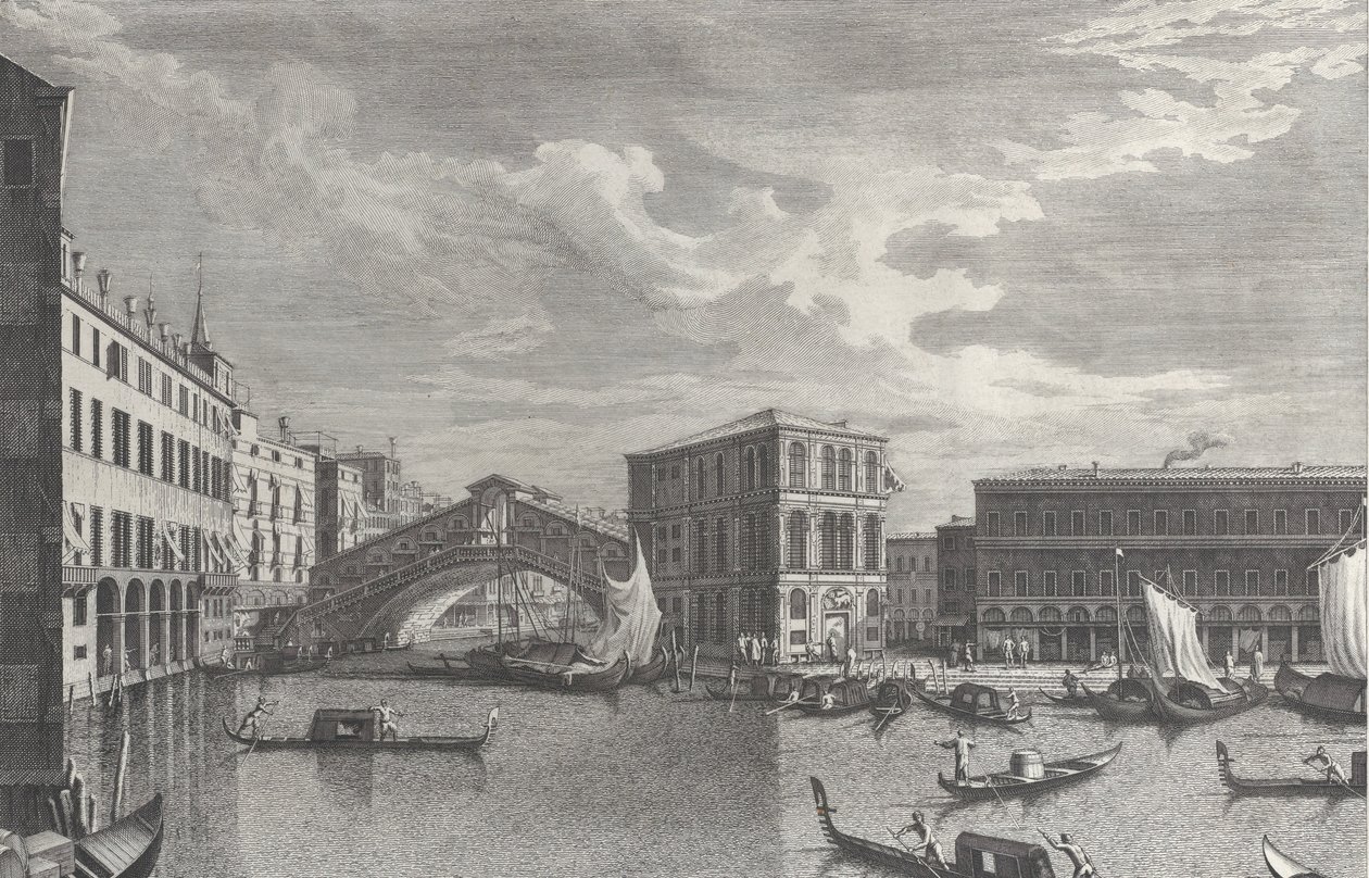 Rialton silta, Venetsia, veneitä ja gondoleja vedessä, 1763. tekijältä Giovanni Battista Brostoloni
