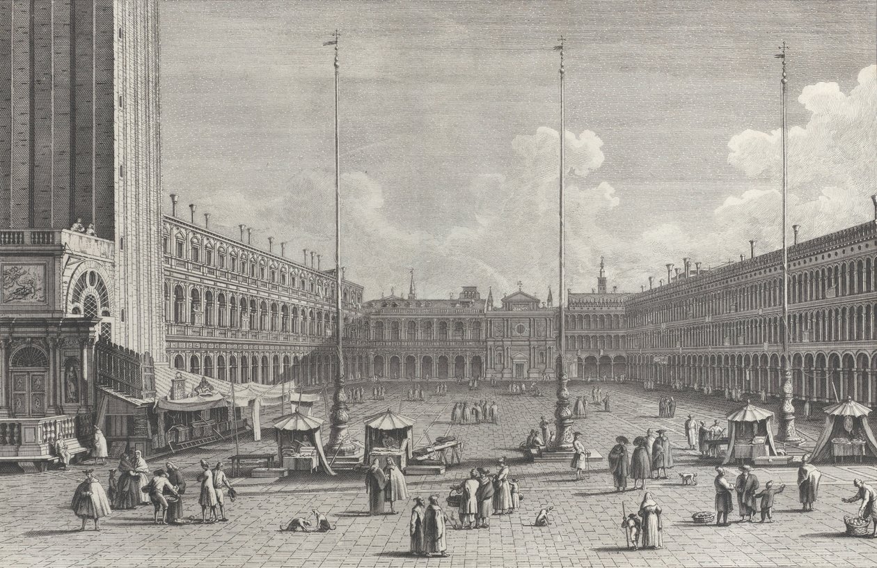 Näkymä Piazza San Marcolle, jossa San Geminianon kirkko toisessa päässä ja hahmoja ja..., 1763. tekijältä Giovanni Battista Brostoloni