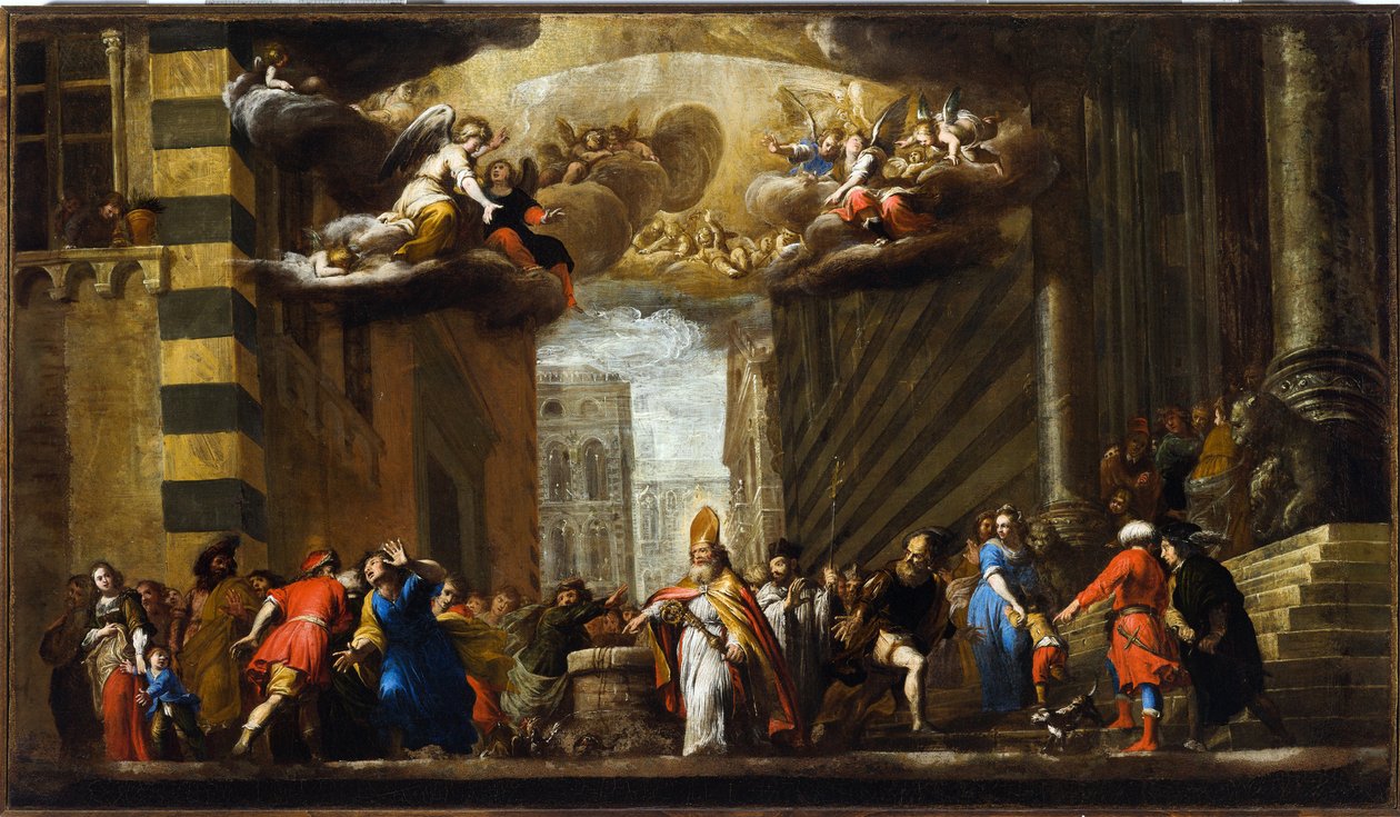 San Siro voittaa basiliskin, luonnoksen San Siron kirkolle Genovassa, n. 1683 (öljy kankaalle) tekijältä Giovanni Battista Carlone