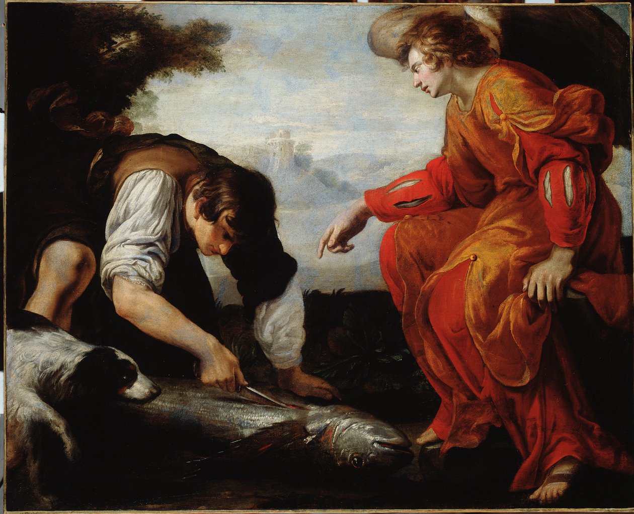 Tobie tapaa arkkienkeli Rafaelin (Tobias tapaa arkkienkeli Rafaelin) Giovanni Battista Carlonen (1592-1677) maalaus 1600-luvulta Genes, Musei di Strada Nuova (ex Palazzo Bianco) tekijältä Giovanni Battista Carlone