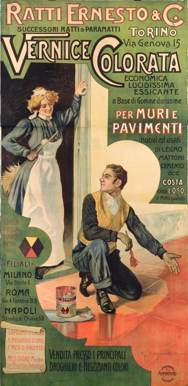 Mainosjuliste Ratti Ernesto and Co. Paint liikkeisiin, Italiaan tekijältä Giovanni Battista Carpanetto