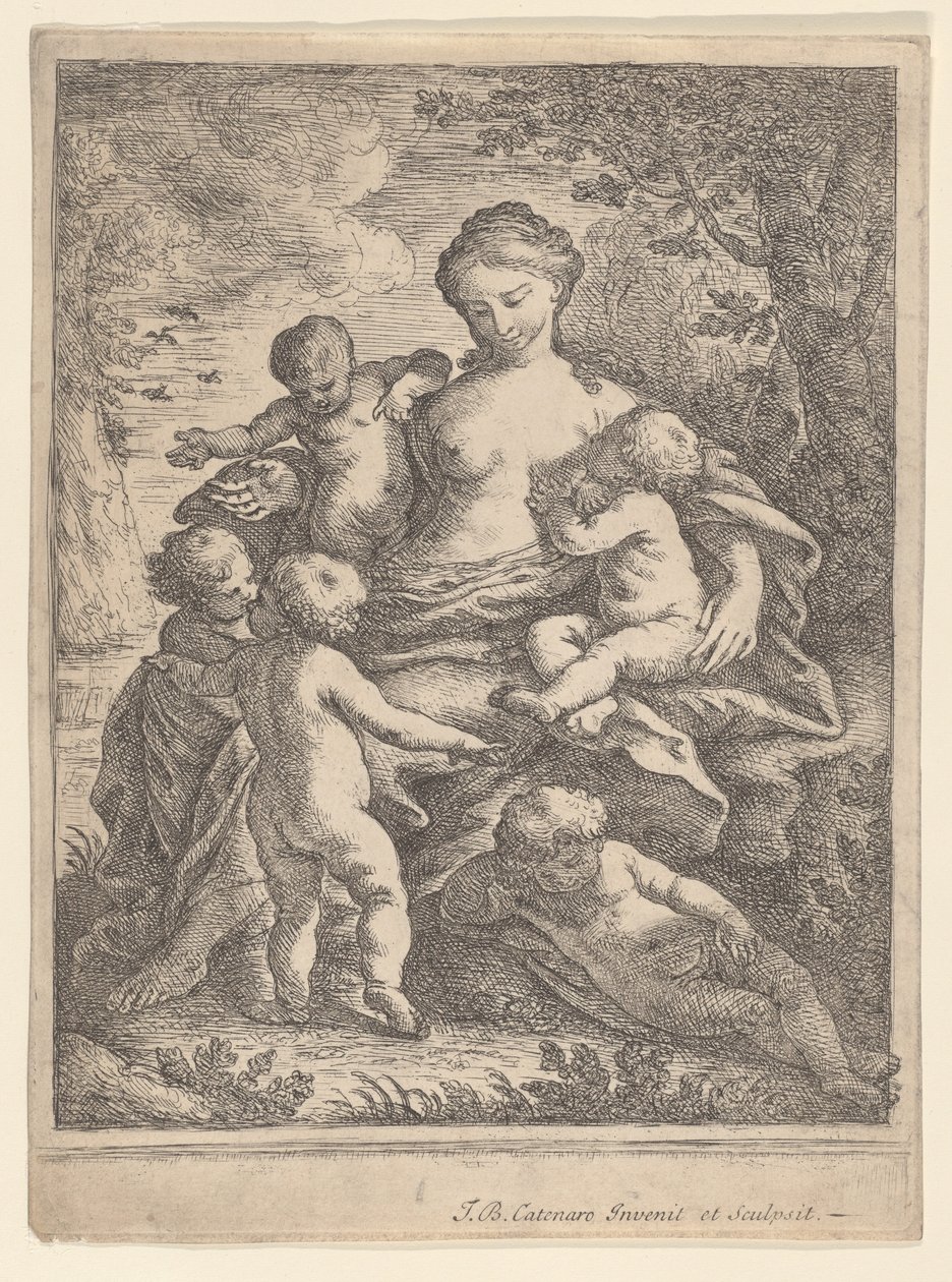 Hyväntekeväisyys, istuu maisemassa viiden alaston lapsen ympäröimänä, 1692-1727. tekijältä Giovanni Battista Catenaro