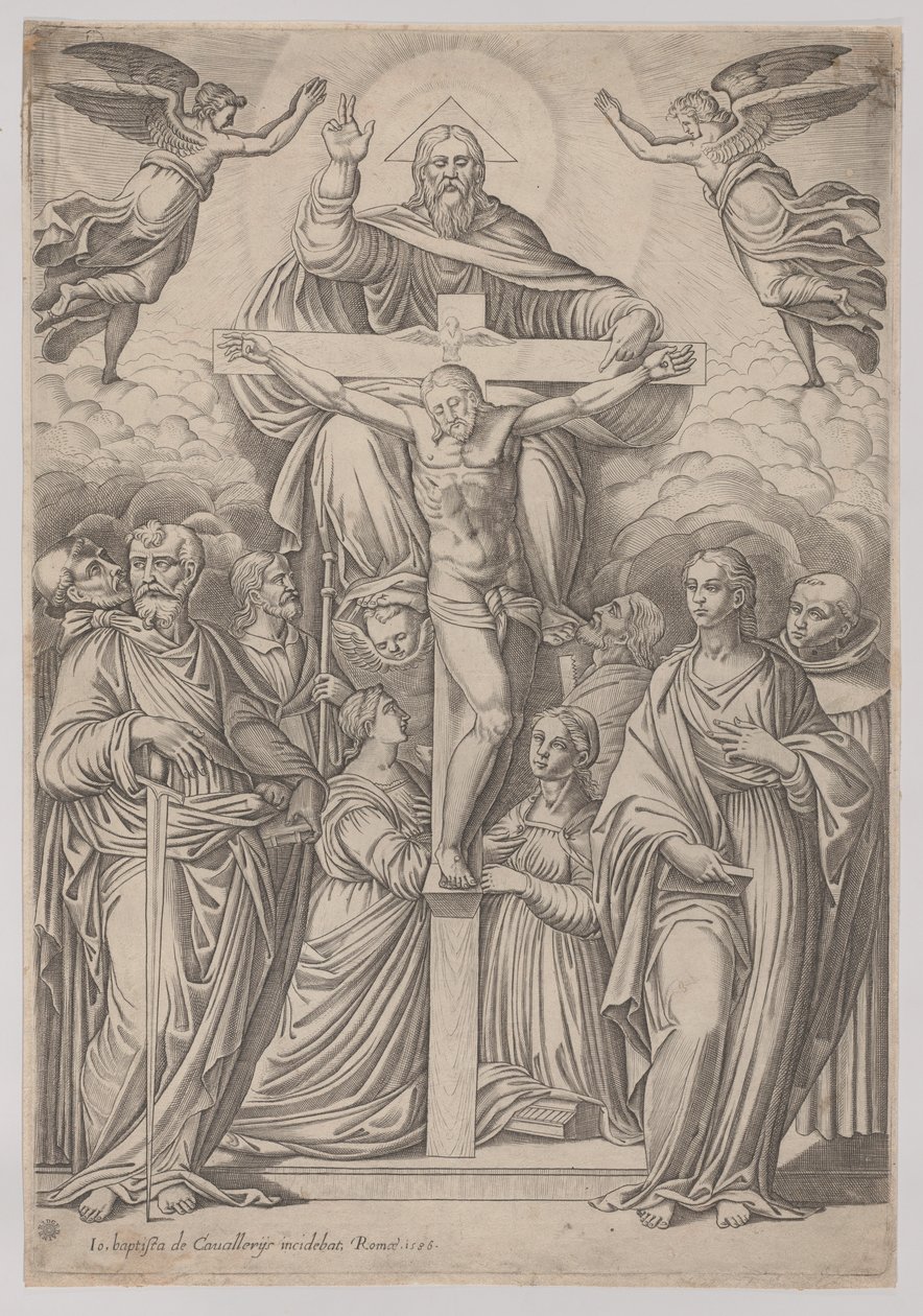 Kolminaisuus, ristiinnaulitseminen keskellä ja pyhät molemmilla puolilla, 1586. tekijältä Giovanni Battista Cavalieri