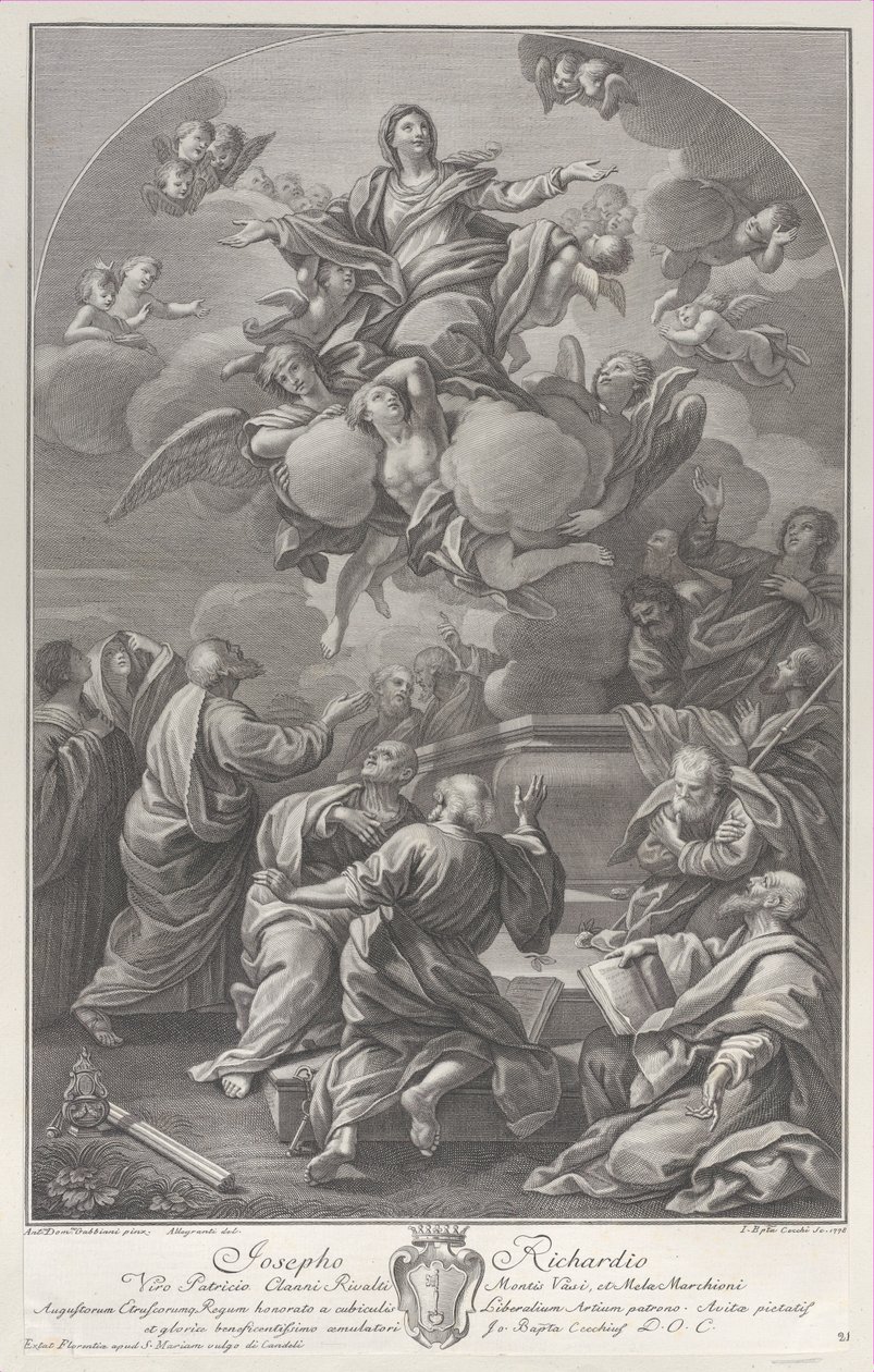 Neitsyt taivaaseenastuminen, joka nousee haudasta apostolien ympäröimänä, 1778. tekijältä Giovanni Battista Cecchi