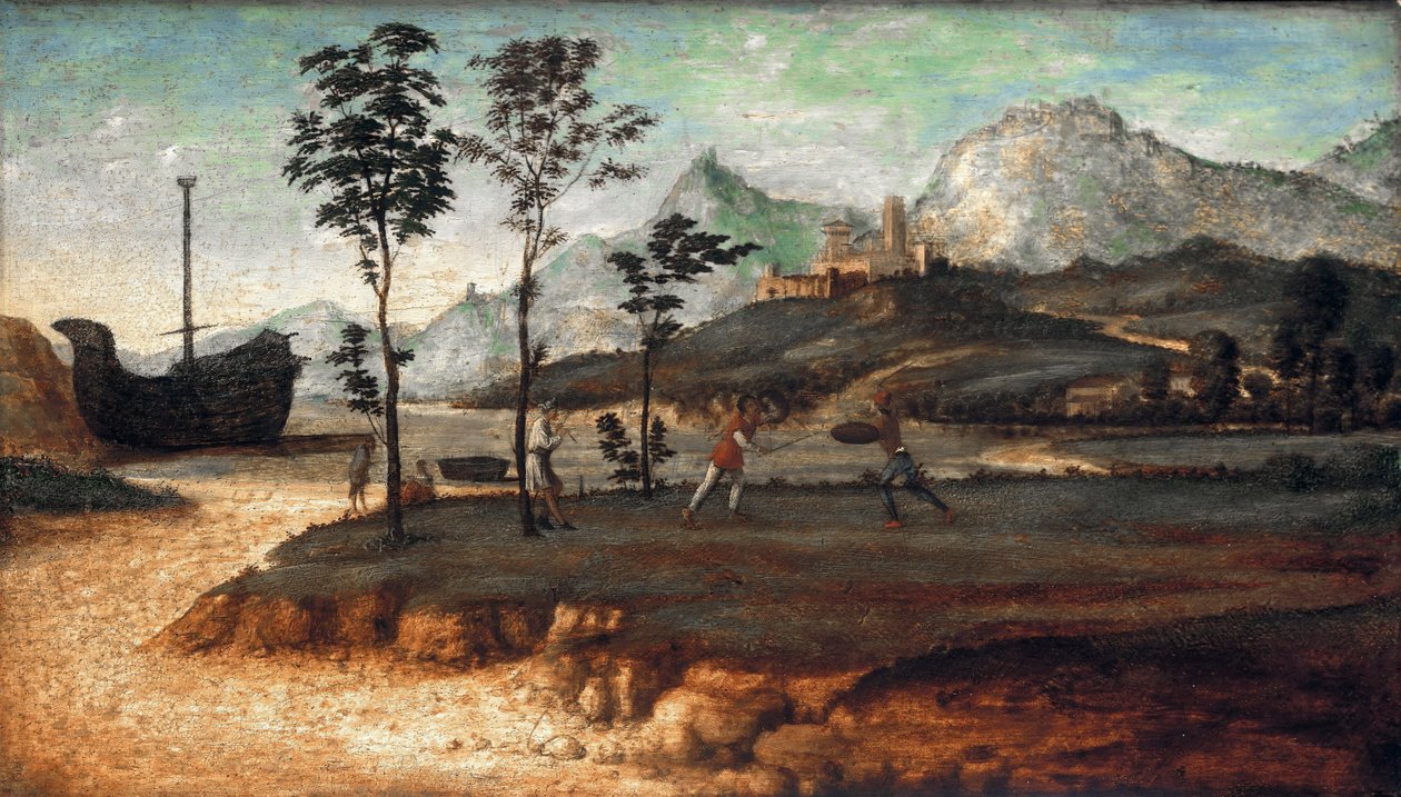 Rannikkomaisema, jossa kaksi miestä taistelee, n. 1510 tekijältä Giovanni Battista Cima da Conegliano