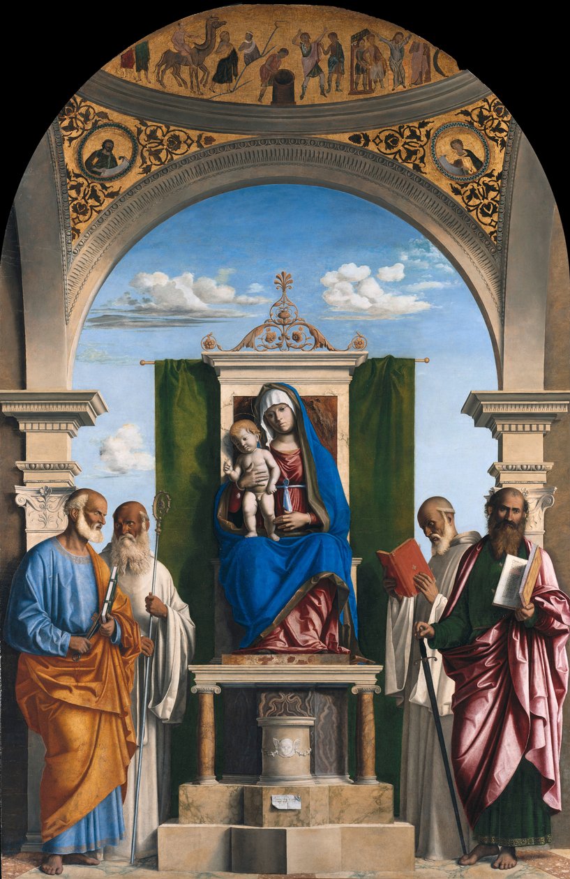 Kruunattu Madonna ja lapsi sekä Pietari, Romualdus, Benedictus ja Paavali. tekijältä Giovanni Battista Cima da Conegliano