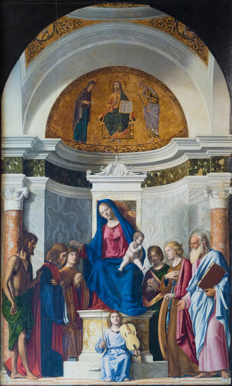 Kruunattu Madonna lapsen ja Johannes Kastajan, Kosmasin ja Damianuksen kanssa, noin 1507 (öljy puulle). tekijältä Giovanni Battista Cima da Conegliano