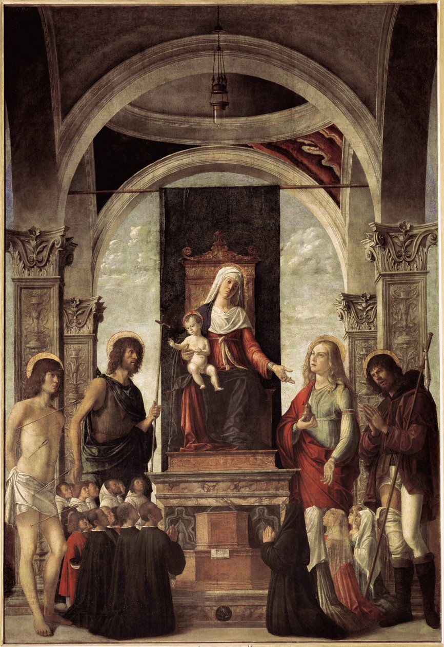 Pyhä keskustelu, neitsyt lapsen kanssa Pyhän Johannes Kastajan, Pyhän Sebastianin, Pyhän Rochin, Pyhän Maria Magdaleenan ympäröimänä (öljy kankaalle, n. 1487-1488) tekijältä Giovanni Battista Cima da Conegliano