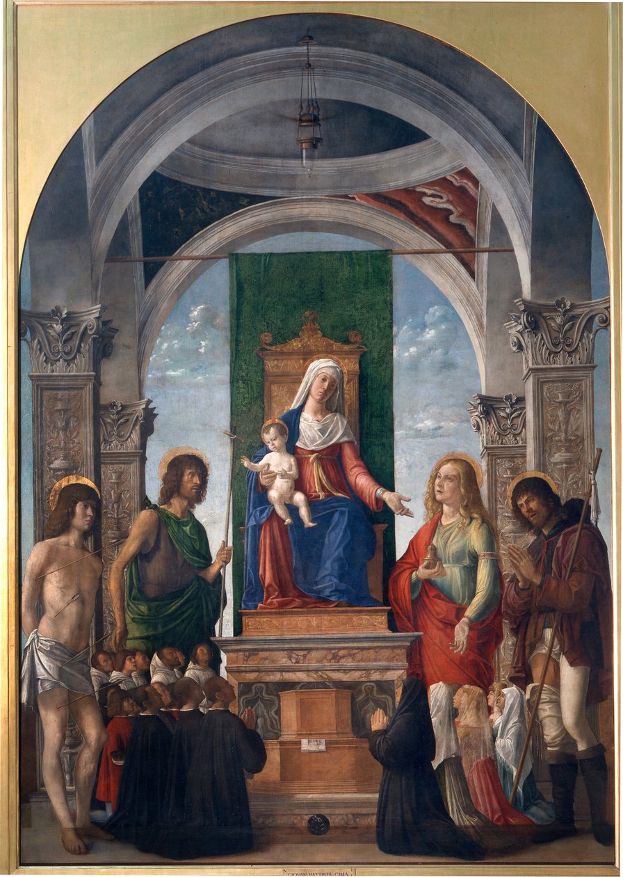 Madonna ja lapsi valtaistuimella Pyhän Sebastianin, Pyhän Johannes Kastajan, Pyhän Maria Magdaleenan, Pyhän Rochin ja San Giovanni Evangelistan veljeskunnan jäsenten kanssa tekijältä Giovanni Battista Cima da Conegliano