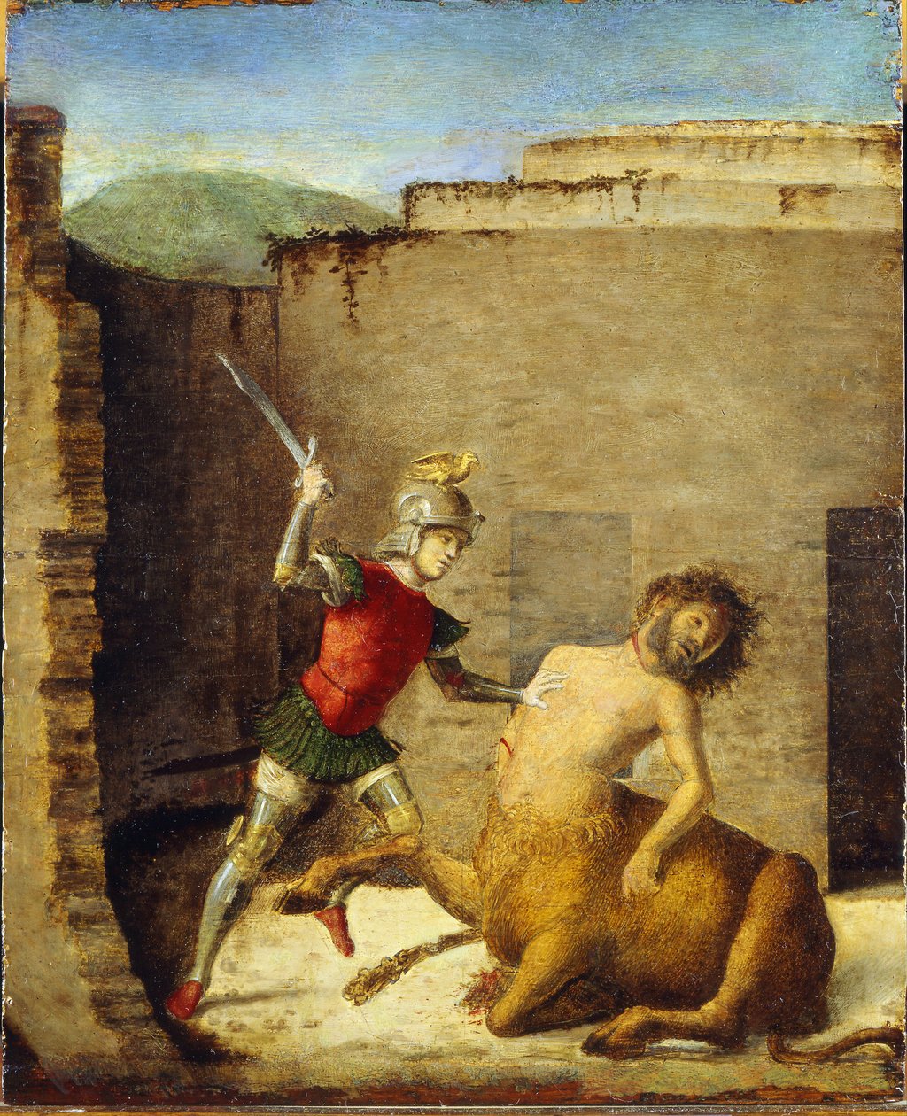 Thesee terrassant le Minotaure (kentaurit) - Theseus Slaying Minotaur - Cima da Conegliano, Giovanni Battista (n. 1459-1517) - 1505 - Öljy puulle - 87,4x73,5 - Museo Poldi Pezzoli, Milano tekijältä Giovanni Battista Cima da Conegliano