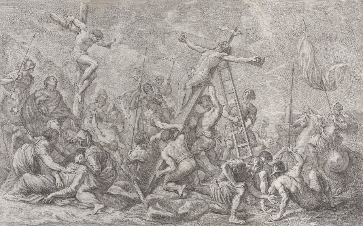 Ristiinnaulitseminen, ristin laskeminen keskellä, sotilaat läpi ja varas..., 1762. tekijältä Giovanni Battista Cipriani