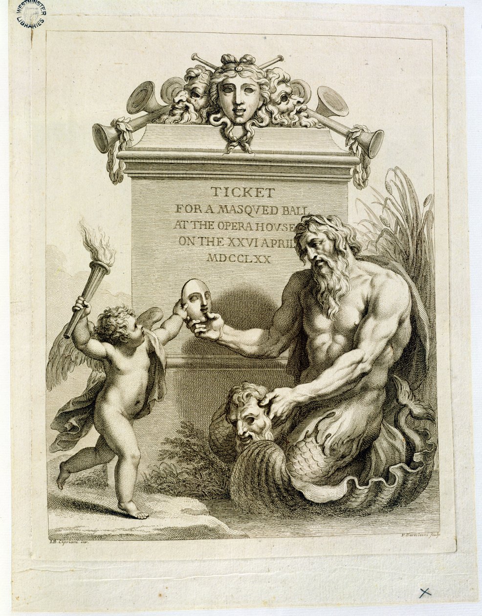 Lippu oopperatalon naamiaistansseihin 26. huhtikuuta, kaivertaja Francesco Bartolozzi (1727-1815), 1770. tekijältä Giovanni Battista Cipriani
