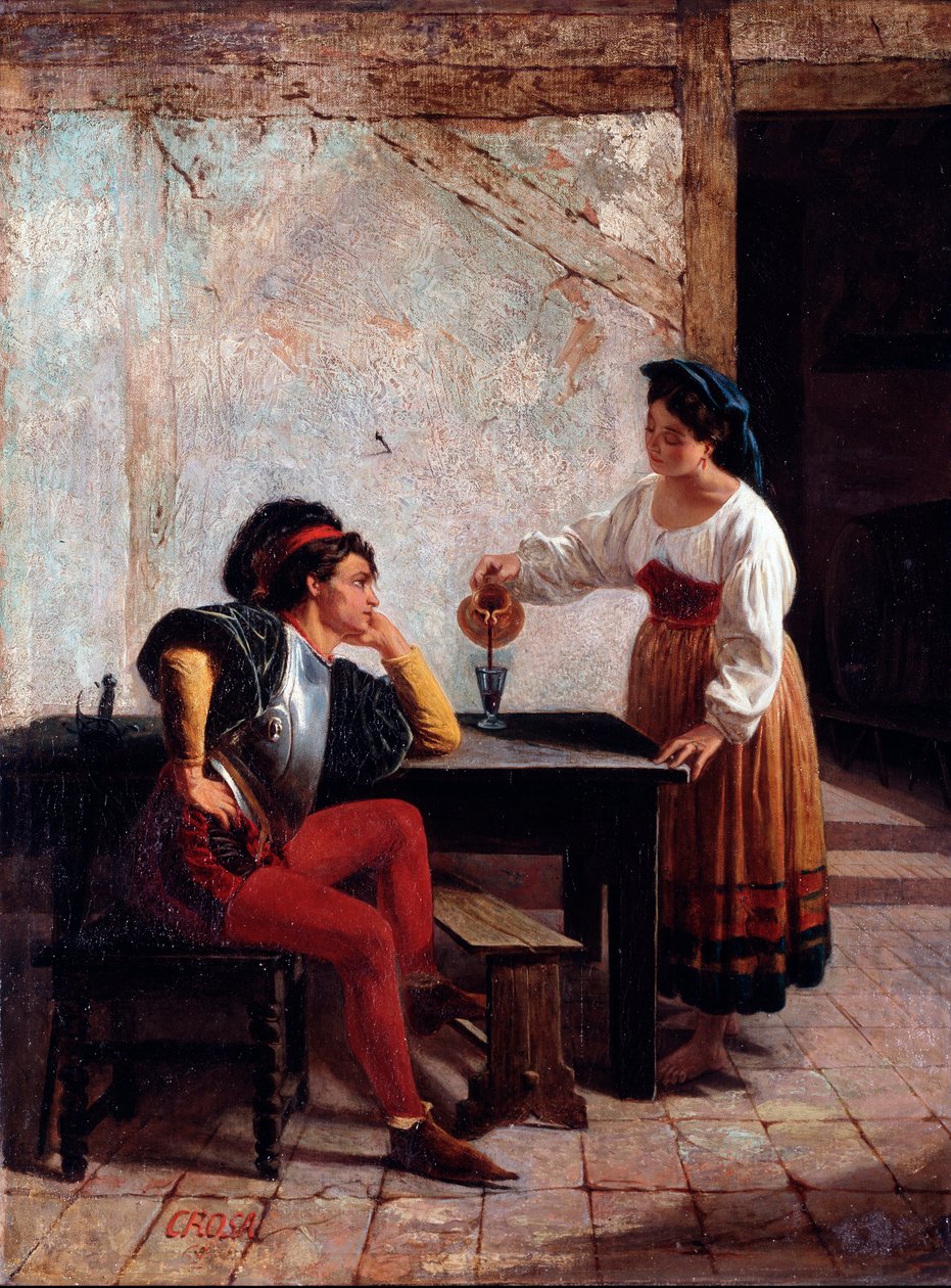 Nuori palvelija majatalossa ja sotilas Giovanni Battista Crosan maalaus (toiminut 1859-1882) 1865 Koko 98x64 cm Genes, Galleria d