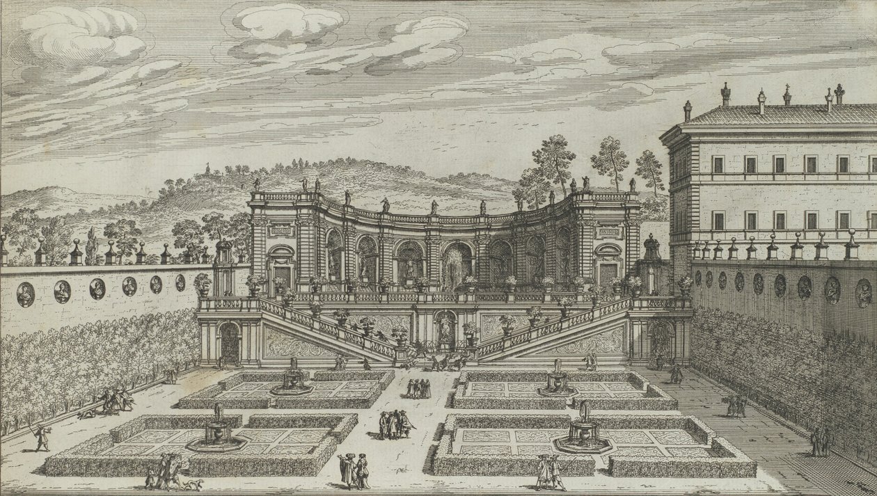 Toinen perspektiivinäkymä Mondragonen Teatro et Giardino Contigvosta Frasissa ..., 1691 tai sen jälkeen. tekijältä Giovanni Battista Falda