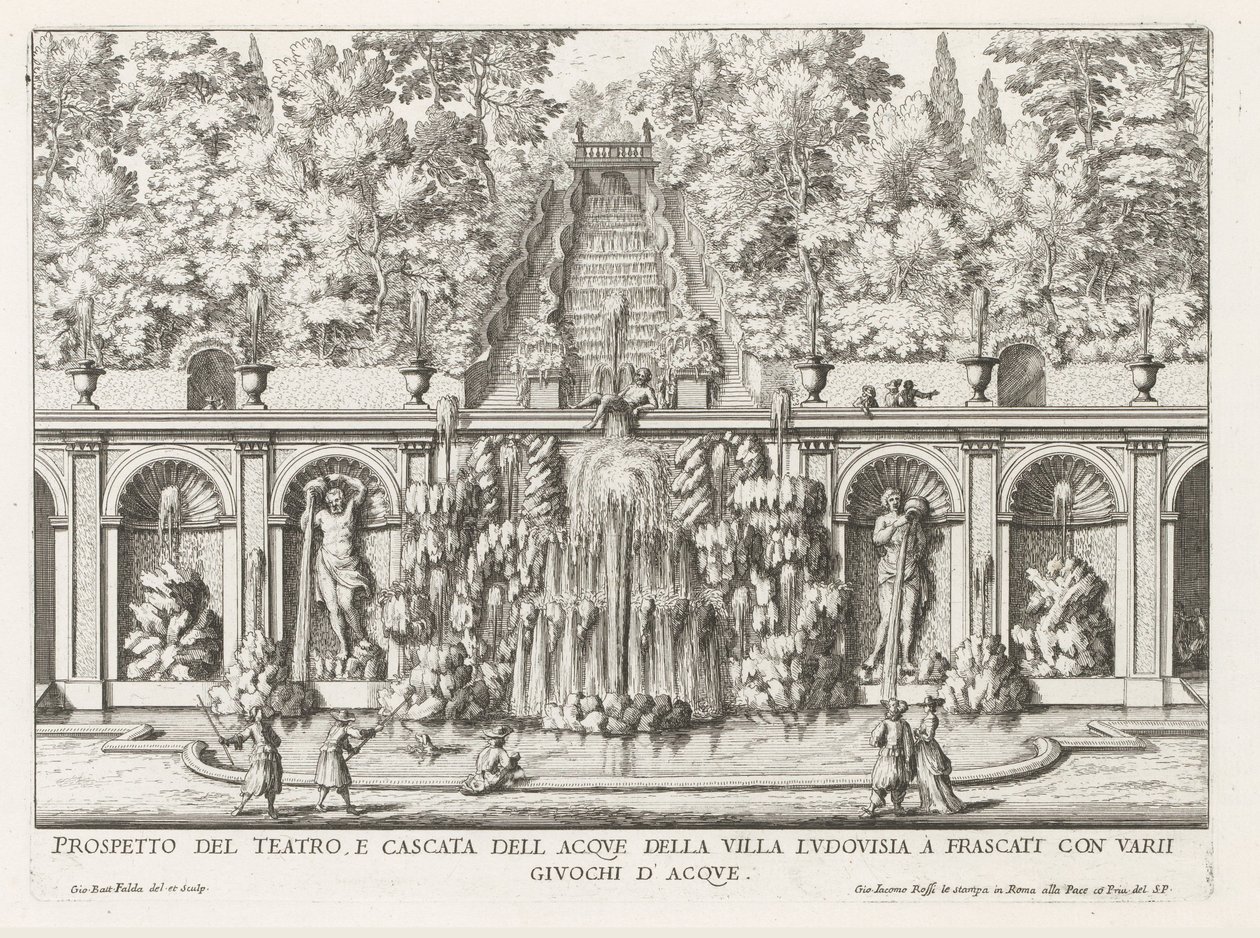 Cascade en Teatro delle Acque in de tuinen van de Villa Torlonia te Frascati Esite Villa Ludovisian teatterista ja vesikaskadista (...) (otsikko esineessä) Frascati-huviloiden suihkulähteet (sarjan nimi) Fonteinen van Frascati (sarjan nimi) tekijältä Giovanni Battista Falda